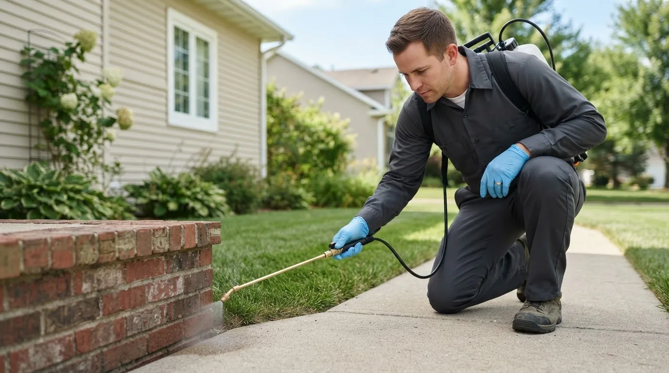 Pest control technician treating a home near Lowell, NC