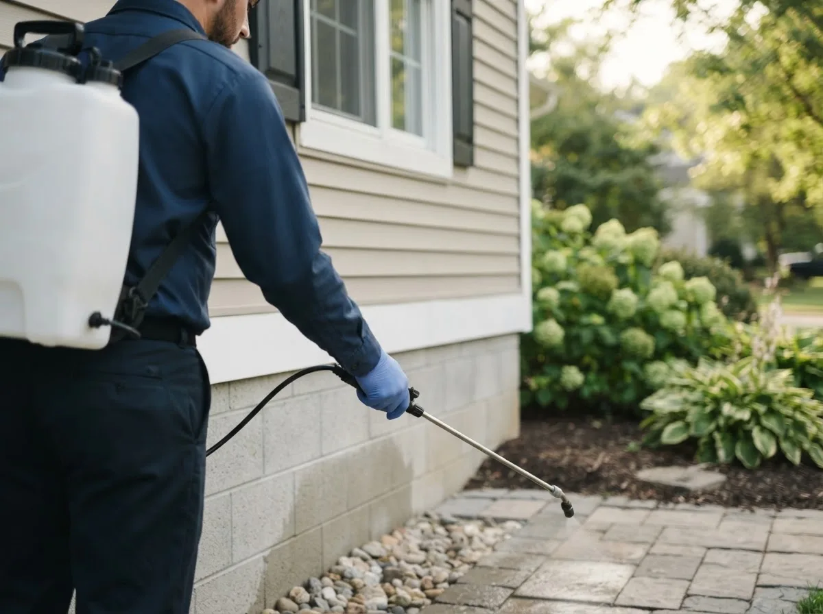 Pest control technician inspecting a home in Lowell, NC